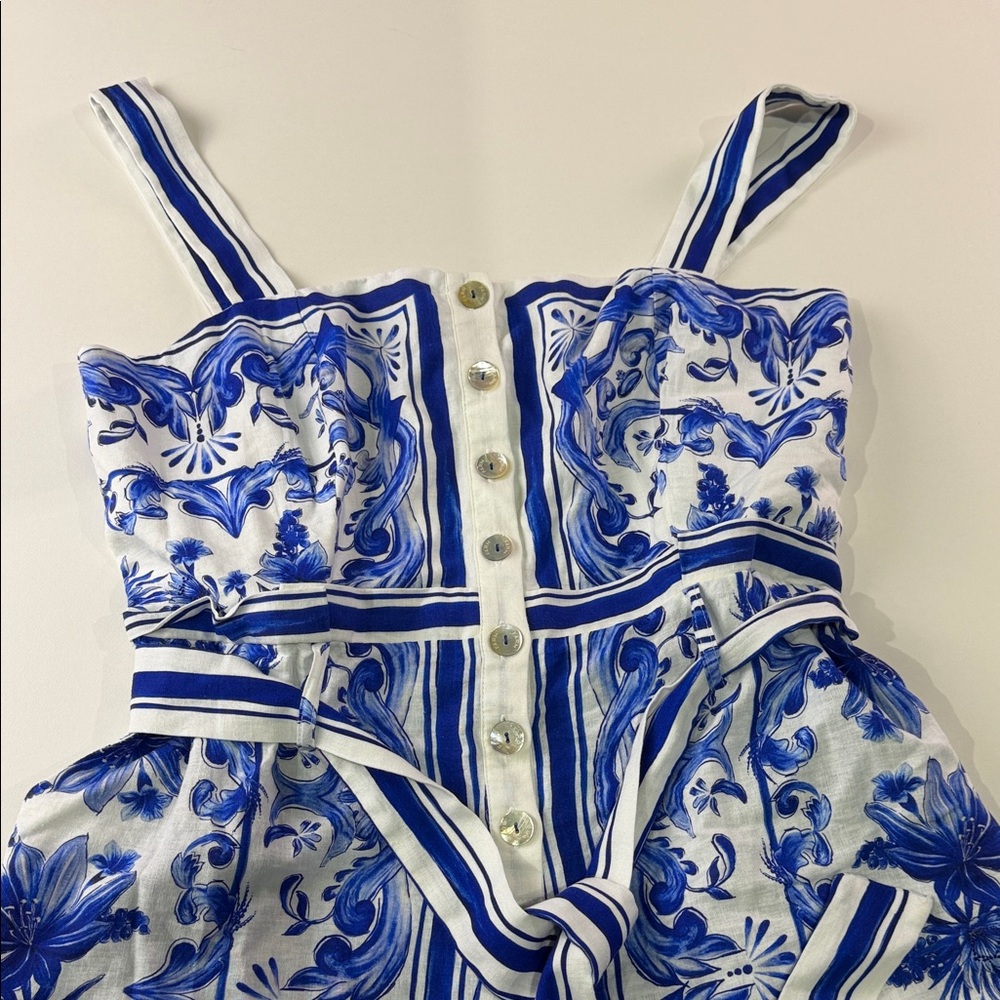 FARM Rio Blue and White Floral Stripe Belted Romper - Picture 2 of 14